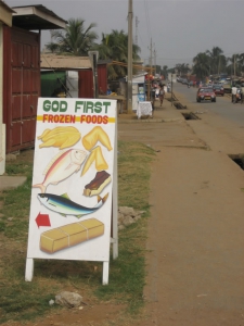 "God First Frozen Foods" sign in Ghana