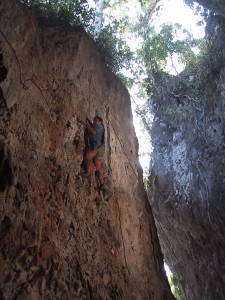 Tien Climbing Rock Wall During Climbing Lesson