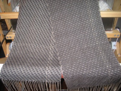 Scarf woven in silver silk/yak warp and black cashmere weft