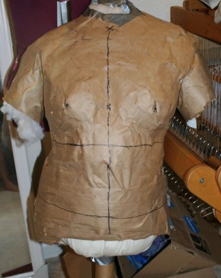 Front view of the paper tape dress form Julie made