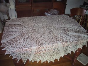 Handspun, hand-knitted Spiral Shawl