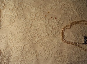 Handwoven fabric with Alencon lace and freshwater pearls