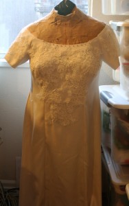 Lace and pearls on dress, full view