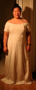 handwoven wedding dress, scalloped lace in front