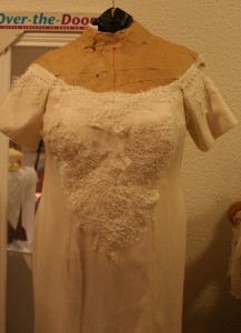 handwoven wedding dress, scalloped neckline with pearls