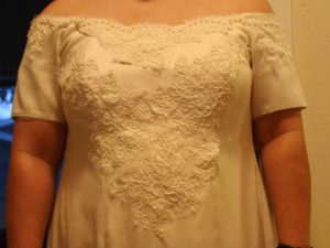 handwoven wedding dress, bodice closeup with lace