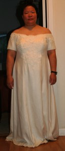 handwoven wedding dress, lace basted together