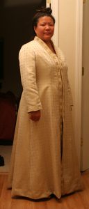handwoven wedding dress, coat, three-quarter view