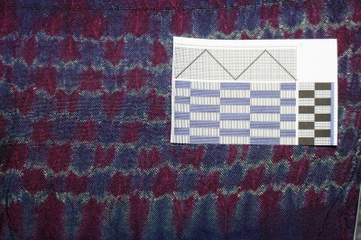 woven shibori, ties floating alternately over back and front in rectangular pattern