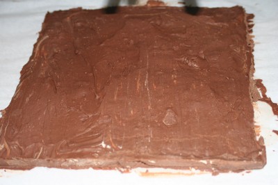 peanut butter gianduja, poured into a flat square form and ready to be bottomed, cut, and dipped