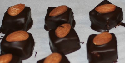 Chocolate-covered, almond-topped coconut almond fudge