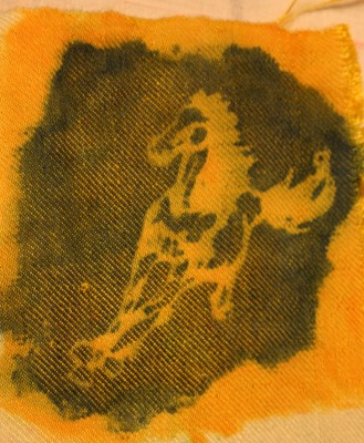 running horse, stenciled in blue acid dye over yellow fiber-reactive