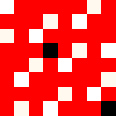 Warp-dominant satin.  Red and black squares indicate shafts to be lifted, white indicates shafts that stay down.