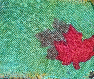 fuchsia fiber-reactive dye, then stenciled again with red and yellow acid dyes.  Because it is a 3-1 twill with the tencel side up, the fiber-reactive maple leaf is dominant and the acid dye appears as a "ghost".