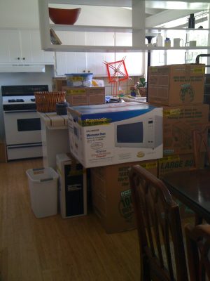 kitchen, with boxes