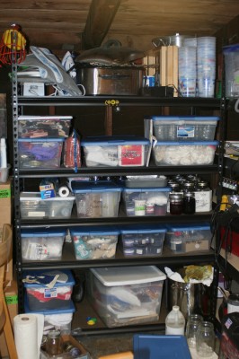 shelf full of dyeing equipment