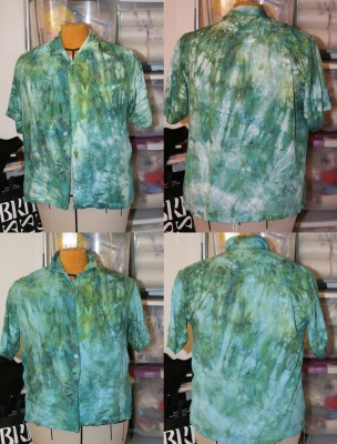 green/blue shirt, overdyed with a weak solution of cerulean blue