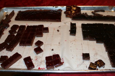 grape jelly/peanut gianduja and raspberry-orange/hazelnut gianduja squares, before dipping in dark chocolate