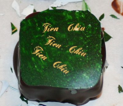 chocolate decorated with a colored transfer sheet