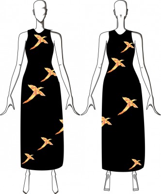 A dress with phoenixes spiraling upward