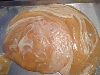 lemon lavender white chocolate fudge, midway through mixing in the white chocolate