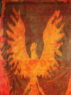 samples of embellishments on Phoenix Rising stenciled-warp sample