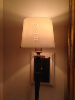 Lampshade at The French Laundry, sporting international care symbols for laundry!