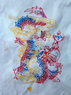 hand-painted katazome dragon, after rinsing out the paste