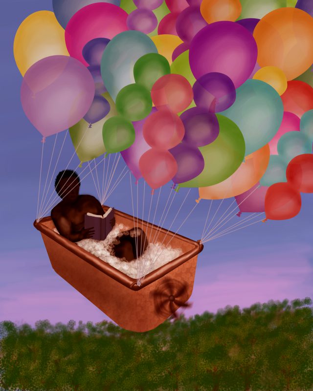 completed digital painting of a flying bathtub