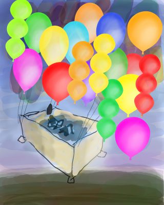 flying bathtub - rough sketch with balloons added