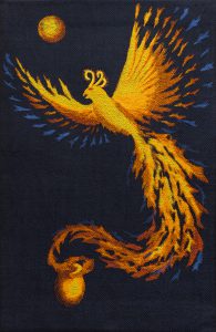 This handwoven wall hanging is a tribute to my mother, who passed away in October 2015. She was such a sparky person that I could not imagine her as a washed-out angel, so I wove a joyous phoenix rising from her ashes.