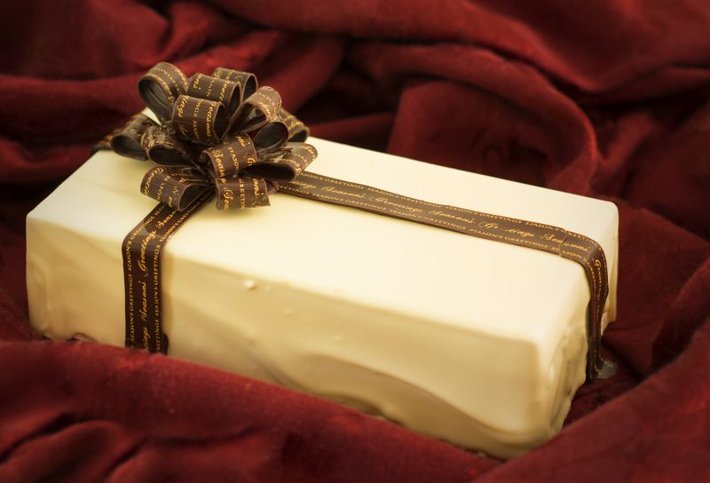 white chocolate box, dark chocolate bow and ribbon