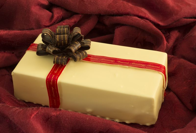 white chocolate box, dark chocolate bow, red ribbon