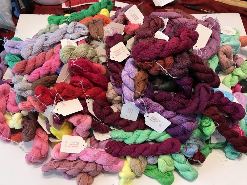 250 skeins, from the turquoise-fuchsia-sun yellow dye "cube"