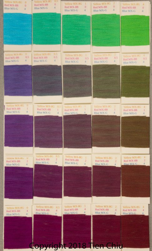 Procion MX fiber-reactive dye samples on cotton: Sun Yellow, Fuchsia, Turquoise - dark cube 