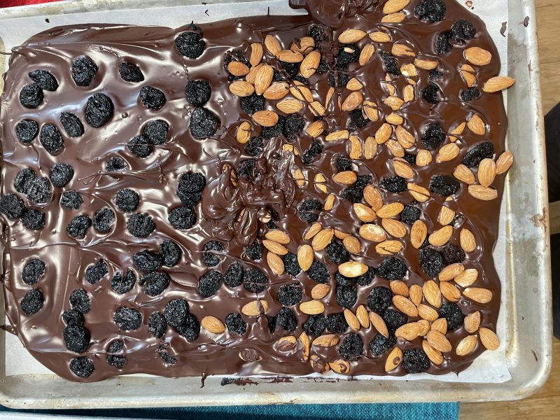 almonds and dried cherries in chocolate