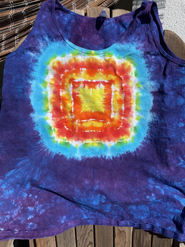 Square pattern, yellow-red-orange turquoise and purple tie dye tank top