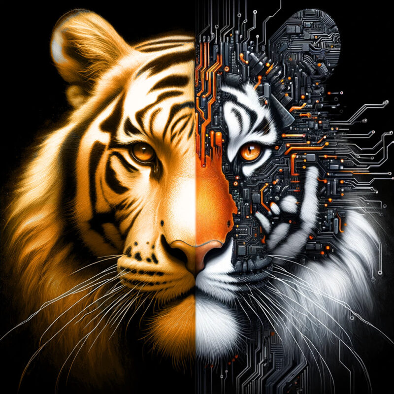 final DALL-E + Photoshop image of a tiger on the left side, dissolving into circuitry on the right side.