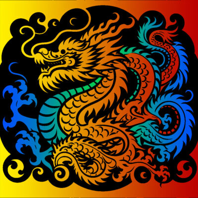 Yellow/red and green/blue Chinese dragon