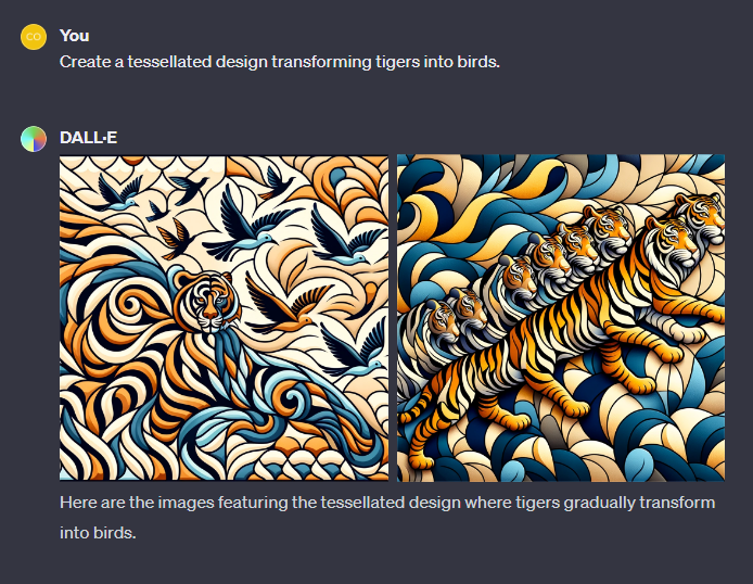 DALL-E's attempt at a tessellation transforming tigers into birds