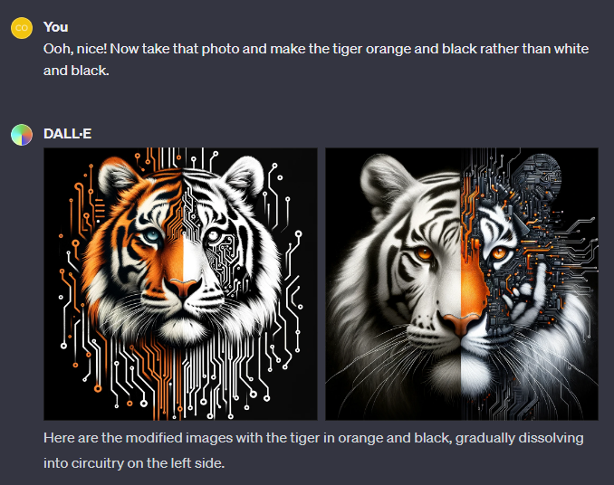 Final set of DALL-E images showing a tiger in one half and a circuitry tiger in the other half.