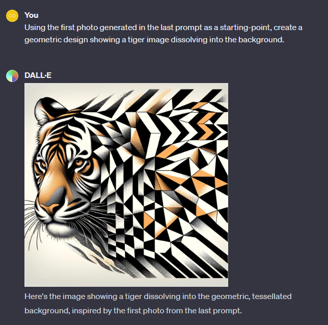DALL-E showing a tiger dissolving into geometric shapes