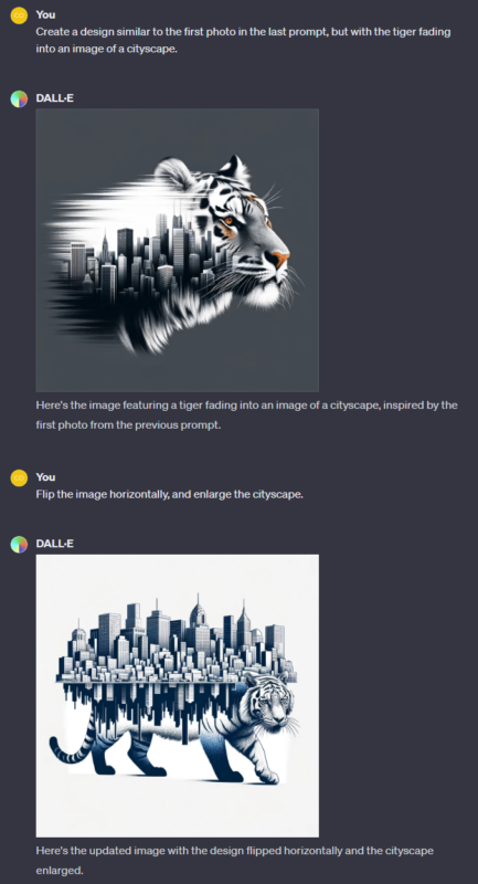DALL-E images of a tiger fading into a cityscape
