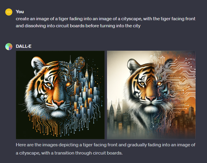 First set of images of tigers dissolving into circuit boards, with a cityscape.