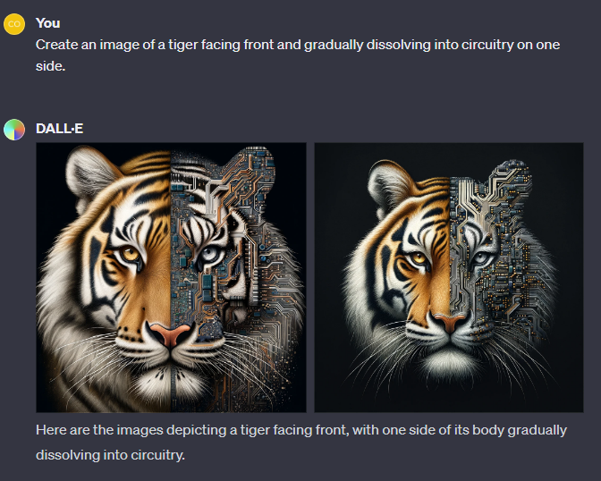 Another version of the tiger dissolving into circuitry, with literal circuit board imagery