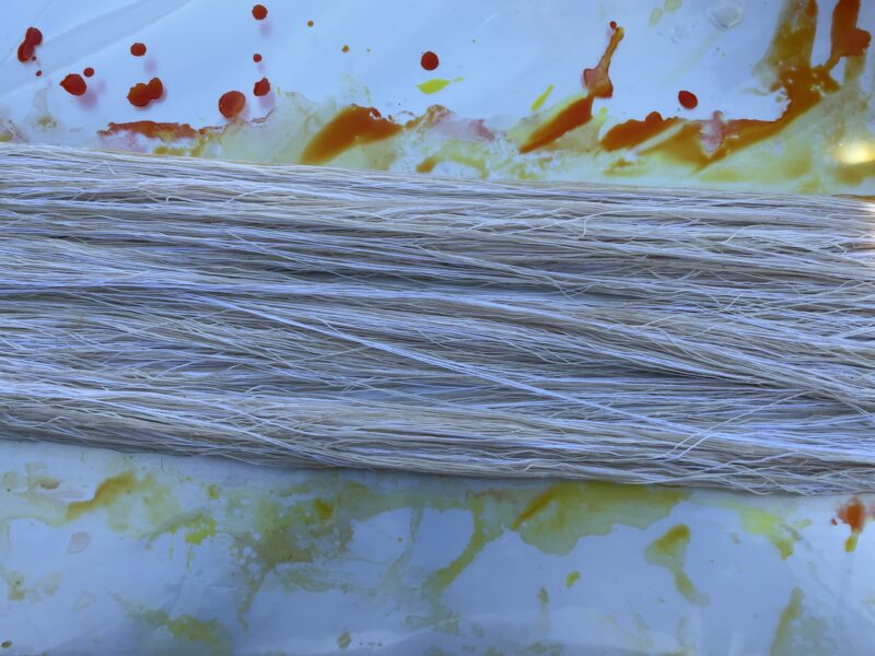 warp prior to dyeing, showing the different types of yarn in the warp